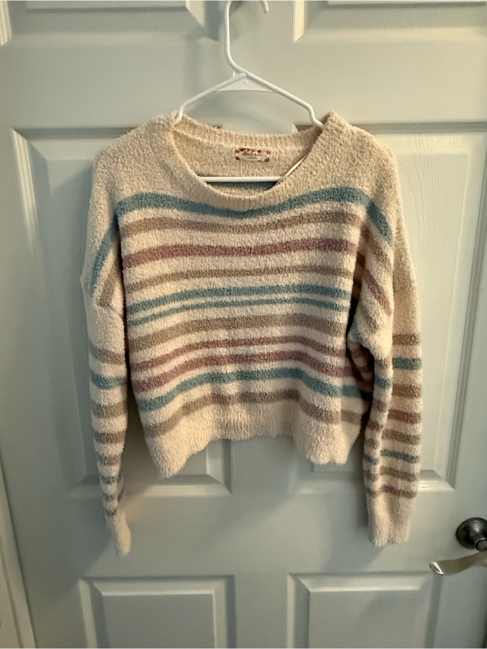 Altar'd State Cream Fuzzy Crewneck Sweater with Blue & Brown Stripes